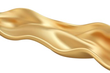 Uçan altın rengi ipek kumaş arka plan. Altın sıvı dalga akıyor. Gerçekçi kumaş beyaz arka planda izole edilmiş. Zarif soyut lüks illüstrasyon