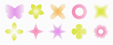 Tahıl gürültüsü seti. Vektör nokta gradyan dokusu. Geometrik figür koleksiyonu. Çiçek, yıldız, kelebek, yarım ton elementler..