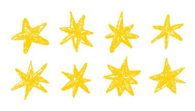 Çocuksu yıldızlar battı. Vektör el çizimi kalem simgeleri. Tebeşir çizgileri tasarım elementleri, karalama çizimi