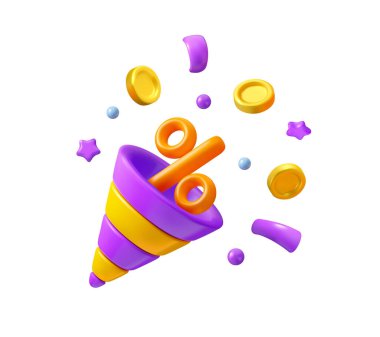 İndirimli olay emoji vektörü 3d simgesi. Yüzde işareti, bozuk paralar ve uçan konfetiyle parti patlayıcısı. İndirim konsepti. Çizgi film fişeği beyaz arkaplanda izole edildi