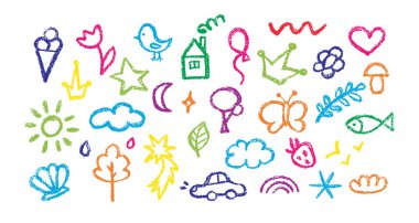 Boya kalemi çocuk çiziyor. El çizimi tebeşir deseni. Çizim şirin resimleme