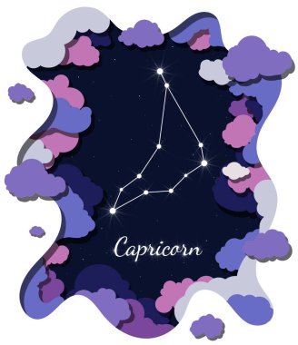 Zodiac burcu. Gökyüzünde yıldızlı ve bulutlu Oğlak burcu. Kağıt kesiği tarzında.