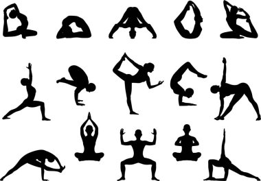 Yoga pozları seti. Sağlıklı bir yaşam tarzı. Yoga pozisyonlarını gösteren kadın çizgi film karakteri. Beyaz arkaplanda izole edilmiş vektör düz illüstrasyon