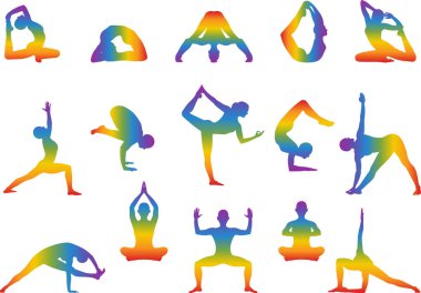 Yoga seti gökkuşağı renginde pozlar veriyor. Sağlıklı bir yaşam tarzı. Yoga pozisyonlarını gösteren kadın çizgi film karakteri. Beyaz arkaplanda izole edilmiş vektör düz illüstrasyon