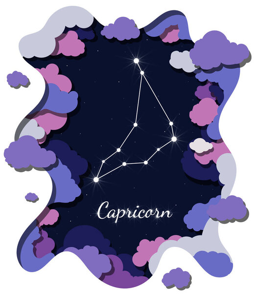 Zodiac sign. The constellation Capricorn in the sky with stars and clouds. In the papercut style