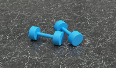 Siyah arka planda mavi halterlerin 3D görüntüsü. spor ve spor konsepti.
