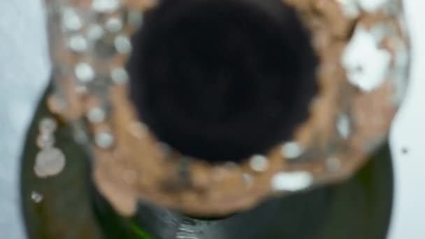 Lager Bottle Cap Popping Closeup Golden Carbonated Beer Splashing Slow — Stock Video