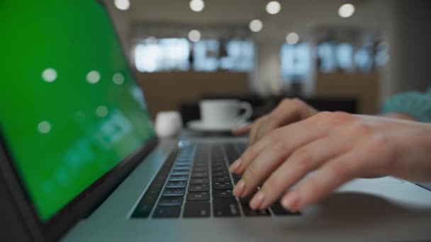 Исполнительные Руки Нажимают Кнопки Зеленый Экран Компьютера Шкафу Женщина Крупным — стоковое видео