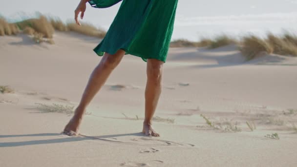 砂の砂漠の夏の日に近い女性のスリムな足のダンス 未知のアフリカ系アメリカ人の少女が砂浜に足で線を引く 洗練された若いダンサーは 野生の美しい自然をスムーズに移動 — ストック動画