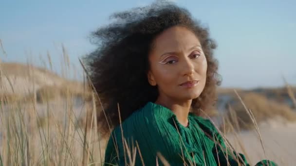 Charmante Afrikanisch Amerikanische Mädchen Posiert Der Wüste Sitzend Trockenen Gras — Stockvideo