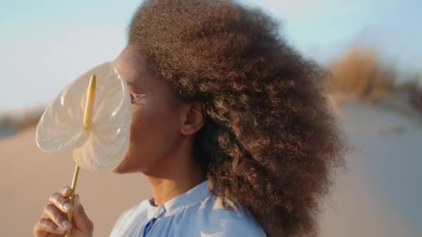 언덕에 아름다운 아프리카 미국인 초상화 분장을 매력적 화이트 클로즈업 카메라를 — 비디오