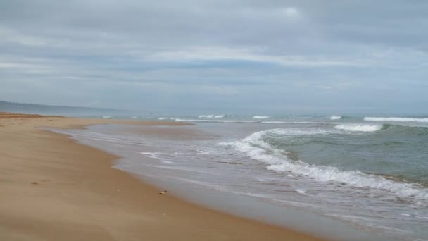 Vågor Som Tvättar Havets Strand Dyster Dag Lugn Zen Som — Stockvideo