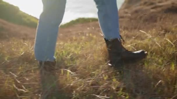 女性の足の自然景観を閉じる歩いてください 秋の牧草地で知られていない女性ステップ 屋外でリラックスして地面に行く女性の黒い靴の足 海岸線の休暇だけで楽しむ女の子の履物 — ストック動画