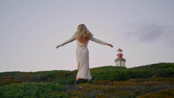 Sensual Woman Spinning Tower Landscape Carefree Girl Enjoying Time Summer — Stock Video