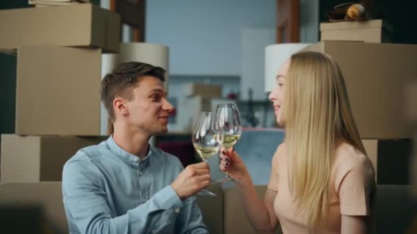 Yeni Eve Taşınıp Etrafını Karton Kutularla Çevirmiş Şarap Içen Mutlu — Stok video