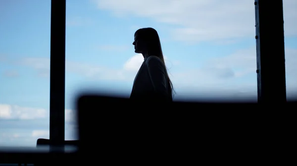 Woman silhouette going glass office room. Confident manager walking office alone. Unknown successful businesswoman secretary carry papers contract at panorama window. Corporate lifestyle concept.