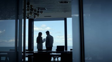 Two coworkers discussing business deal at panorama window. Managers silhouettes talk checking project papers at sea view. Unrecognized ceo investor having conversation with businesswoman dark interior