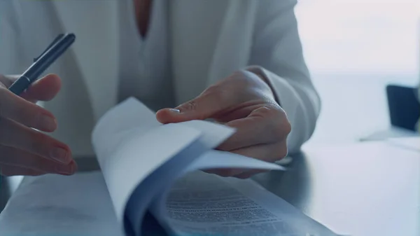 Businesswoman Hands Checking Contract Closeup Lawyer Reading Legal Documents Suit — Stock Photo, Image