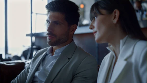 Closeup Businesspeople Analyzing Project Dark Hotel Place Confident Man Showing — Stock Photo, Image