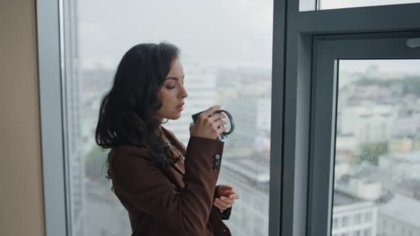 Självsäker Attraktiv Affärskvinna Dricka Kaffe Stående Kontoret Panoramafönster Med Stor — Stockvideo