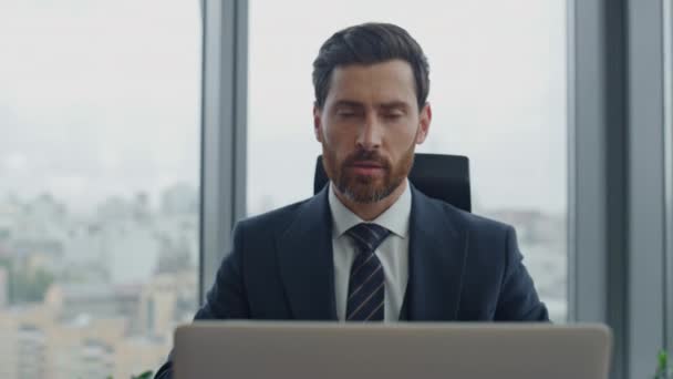 Smart Elegant Businessman Owner Talking Video Conference Sitting Modern Office — Stock Video