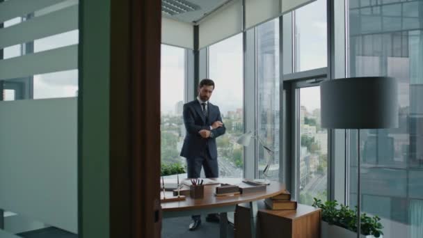 Middle Aged Bearded Boss Worried Company Work Standing Modern Office — Stock Video