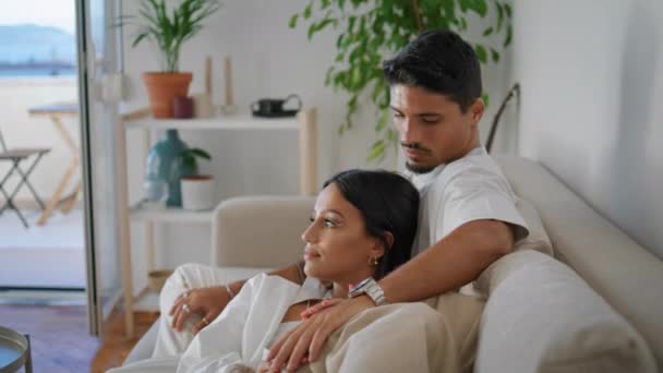 Married People Resting Sofa Closeup Brunette Woman Lying Husband Knees — Stock Video