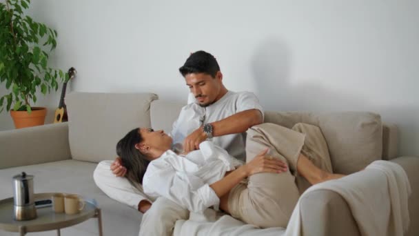 Love Couple Talking Home Closeup Brunette Wife Lying Husband Knees — Stock Video