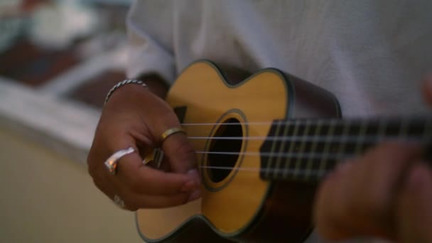 Man Armen Aanraken Snaren Avond Buiten Rustige Muzikant Spelen Ukelele — Stockvideo