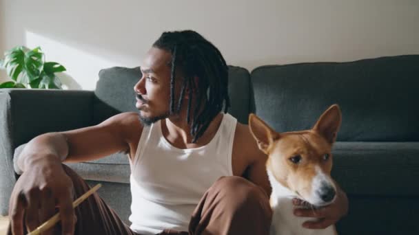 ソファの部屋で犬を受け入れる思慮深い男が閉じます アフリカ系アメリカ人の男性が家畜を木製の床に座ってペット 自宅でスケッチを描いた後 茶色の肌のアーティストリラックス 近代画家休憩 — ストック動画
