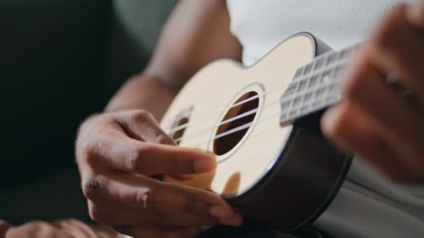 内部でウクレレを演奏する男の手 文字列に触れる未知のアフリカ系アメリカ人ミュージシャン 匿名の男は自宅で音楽を楽しんで座っている 茶色の肌のギタリストの腕だけで音を抽出 趣味の概念 — ストック動画