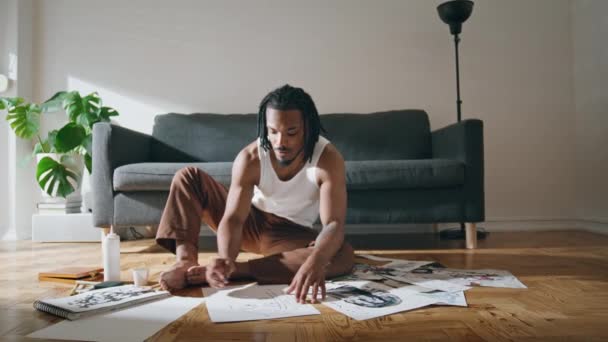 Talented Man Drawing Home Zoom African American Artist Creating Pictures — Video Stock