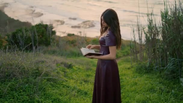 Romantic Long Haired Woman Looking Book Turning Pages Beautiful Ocean — Wideo stockowe