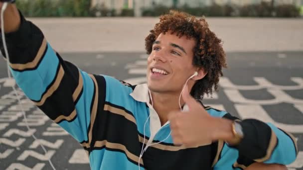 Happy Teenager Making Selfie Street Zoom Curly Hair Student Sitting — Video