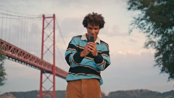 Smiling Guy Making Selfie Bridge Background Closeup Stylish Hipster Using — Video