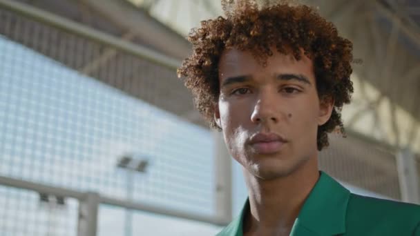Serious Teenager Modelling Street Portrait Elegant Young Man Face Posing — Stockvideo