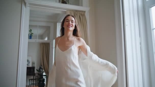 Cheerful Girl Dancing Home Alone Closeup Flirting Woman Having Fun — Stok video