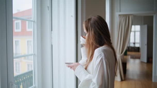 Calm Woman Sipping Coffee Flat Interior Closeup Thoughtful Girl Watching — стоковое видео