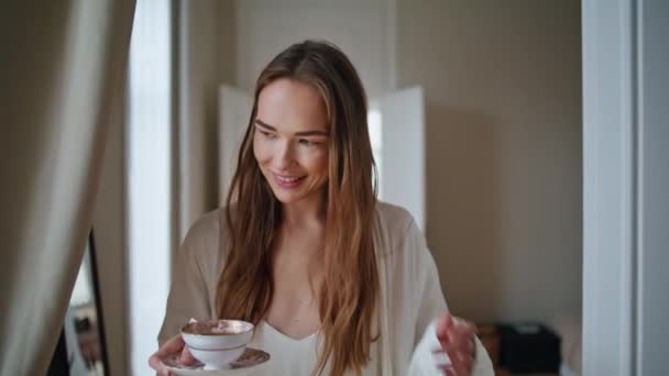 Smiling Lady Walking Morning Interior Closeup Relaxed Girl Holding Coffee — Stock video