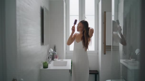 Calm Girl Holding Hairbrush Bathroom Alone Confident Woman Doing Morning — Stockvideo