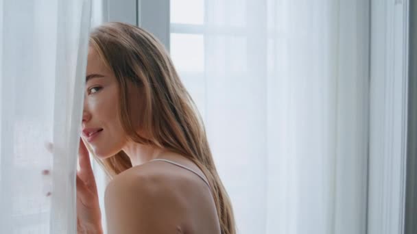 Seductive Woman Looking Camera Curtain Close Flirting Girl Posing Light — Video Stock