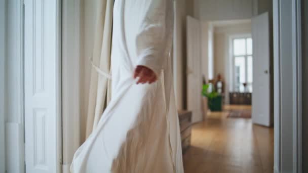 Active Woman Body Spinning Home Closeup Unknown Lady Silk Pyjamas — Stok video