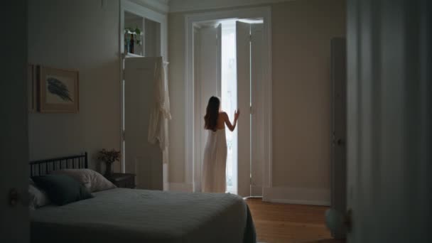 Young Woman Opening Blinds Home Morning Relaxed Girl Looking Window — Video Stock