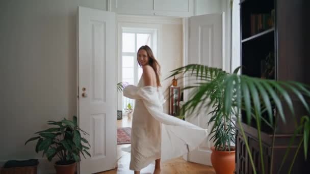 Active Woman Spinning Home Interior Smiling Lady Silk Pyjamas Having — Wideo stockowe