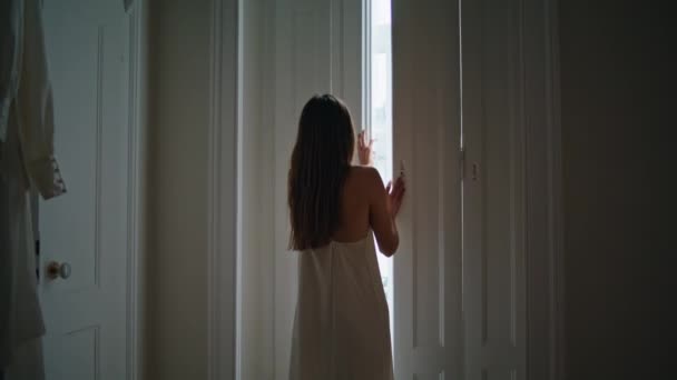 Tender Lady Opening Shutters Bedroom Relaxed Woman Looking Window Admiring — Vídeos de Stock