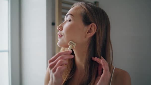 Young Lady Massaging Face Bath Room Portrait Fresh Skin Girl — стоковое видео