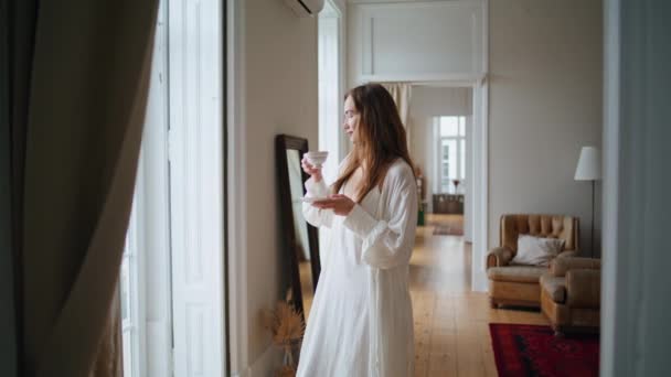 Calm Woman Drinking Tea Morning Home Interior Tender Lady Watching — Αρχείο Βίντεο