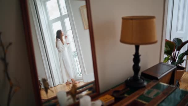 Calm Lady Drinking Tea Home Morning Mirror Reflection Tender Woman — Αρχείο Βίντεο