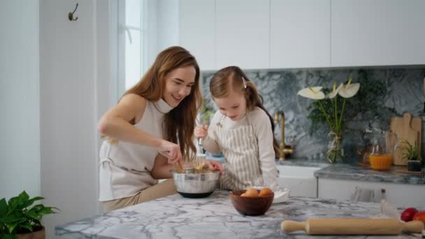 Mother Daughter Creating Dough Home Interior Laughing Family Preparing Pastry — 图库视频影像