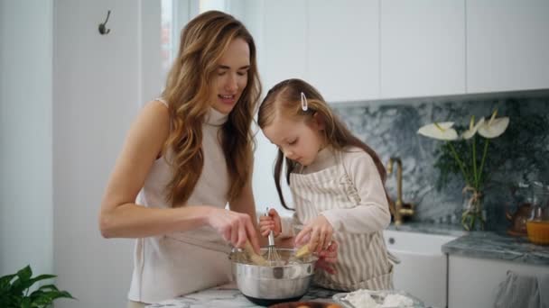Lovely Woman Baby Cooking Kitchen Together Closeup Young Family Preparing — Vídeos de Stock